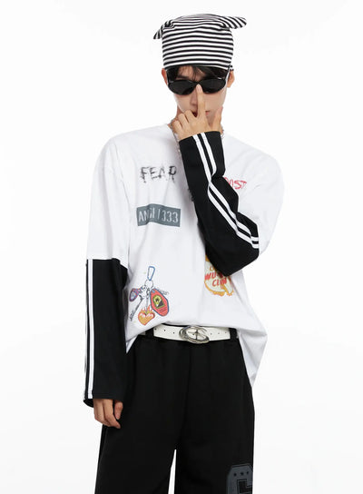 mens-graphic-layered-long-sleeve-top-io517 / White