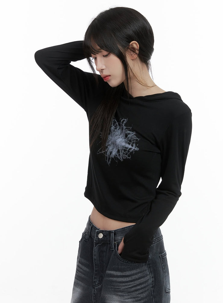 printed-hand-warmer-long-sleeve-hood-top-cs419 / Black