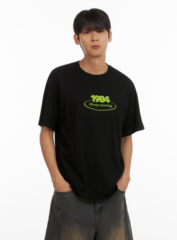 mens-lettering-round-neck-t-shirt-black-iu419 / Black