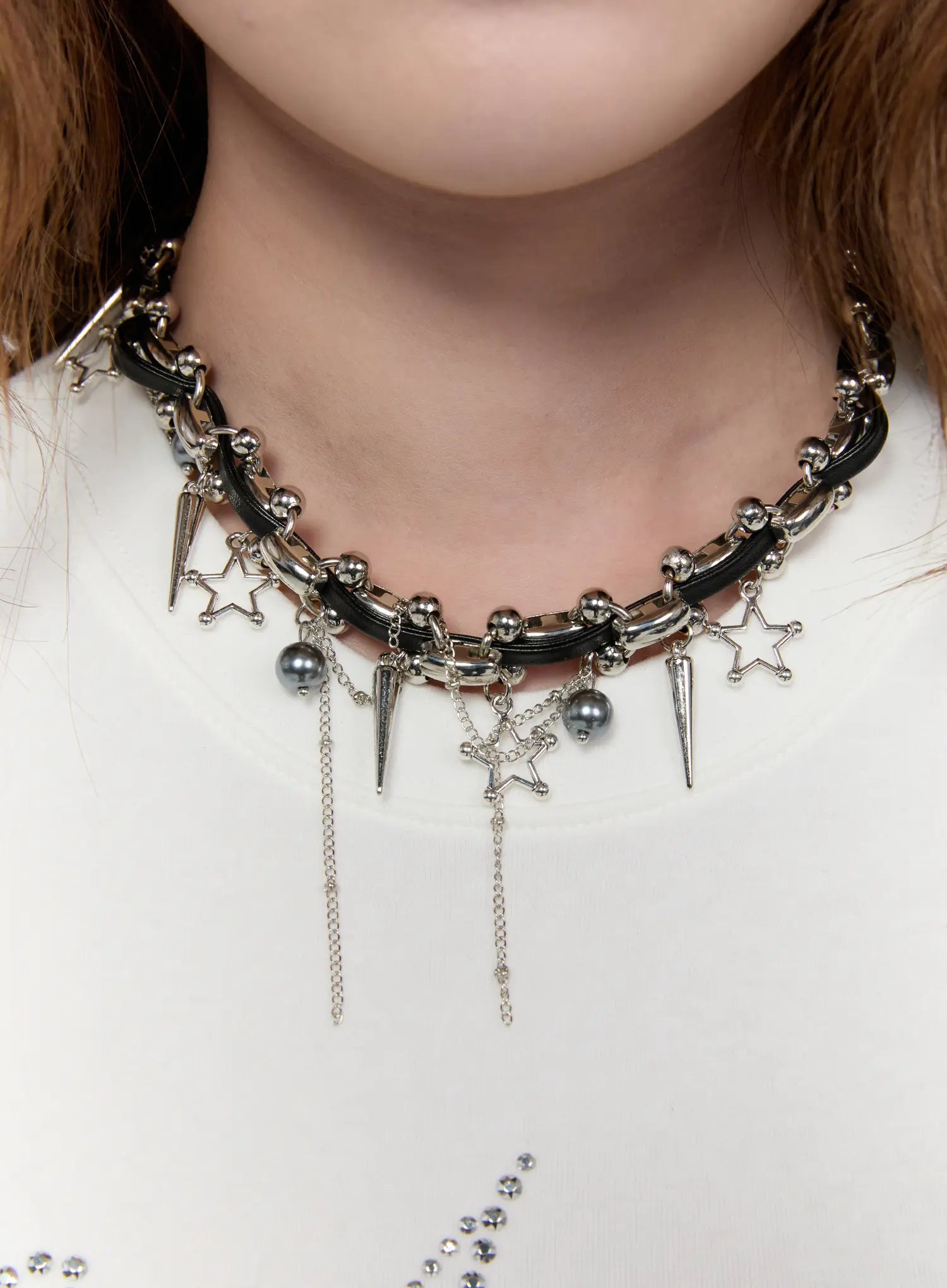 star-charm-faux-leather-choker-necklace-ca527 / Black