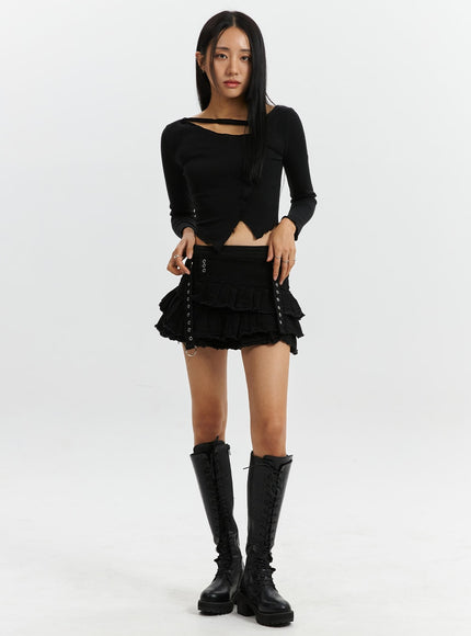 distressed-denim-belted-mini-skirt-cd320 / Black