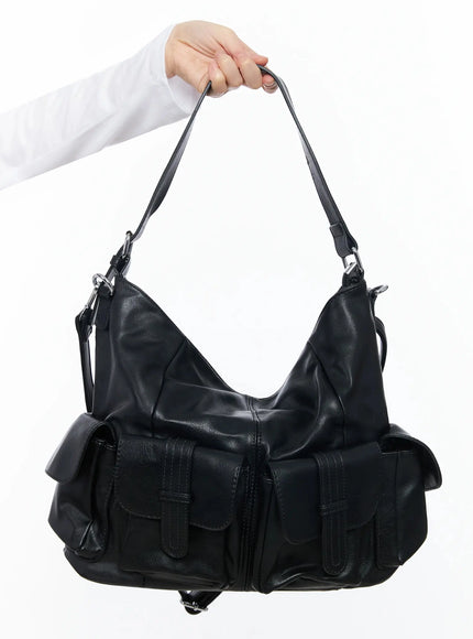 Faux Leather Two-Pocket Shoulder Bag IF505 – LEWKIN Faux Leather Two-Pocket Shoulder Bag IF505 – LEWKIN