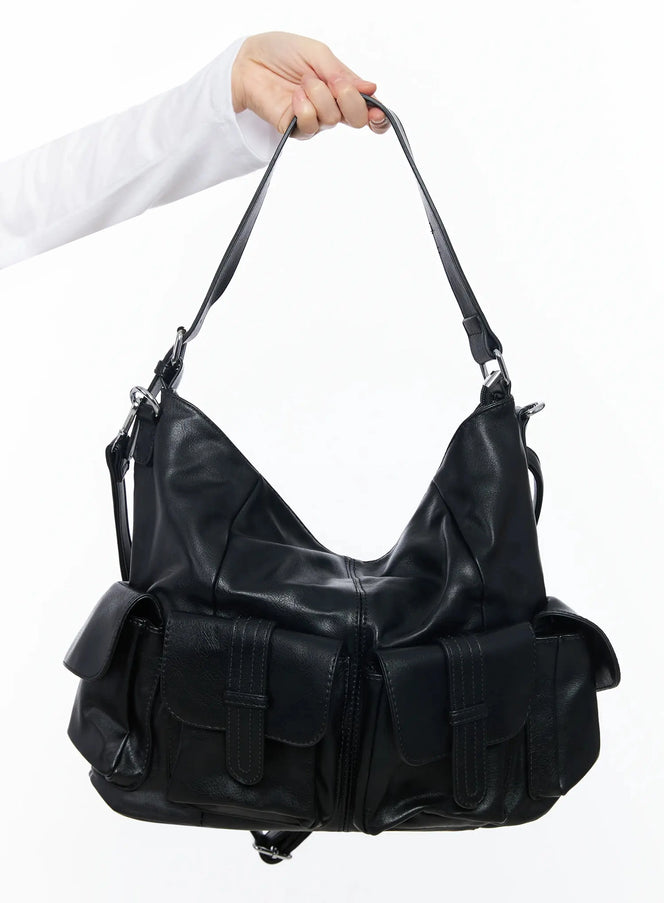 faux-leather-two-pocket-shoulder-bag-if505 / Black
