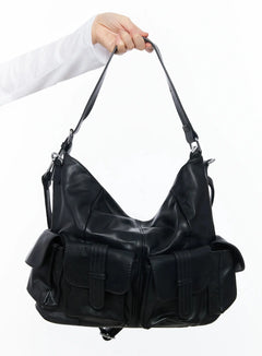 faux-leather-two-pocket-shoulder-bag-if505 / Black