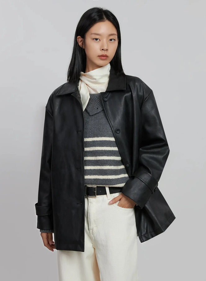 matte-faux-leather-half-jacket-id504 / Black