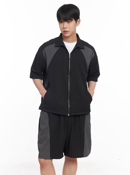 mens-zip-up-collared-half-sleeve-shirt-iy520 / Black