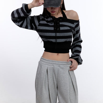 striped-crop-knit-sweater-cj509 / Black