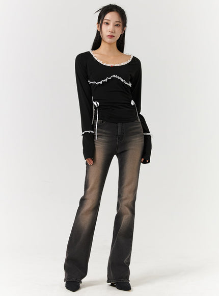 denim-middle-waist-solid-flared-jeans-cd322 / Black