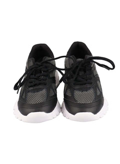 LEWKIN Men's Mesh Running Shoes IY410 in Black, front product shot, chunky white sole, black lace-up with gray mesh panels and smooth leather overlays.