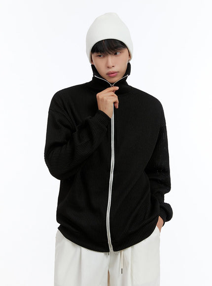 mens-zip-up-cable-knit-sweater-is413 / Black