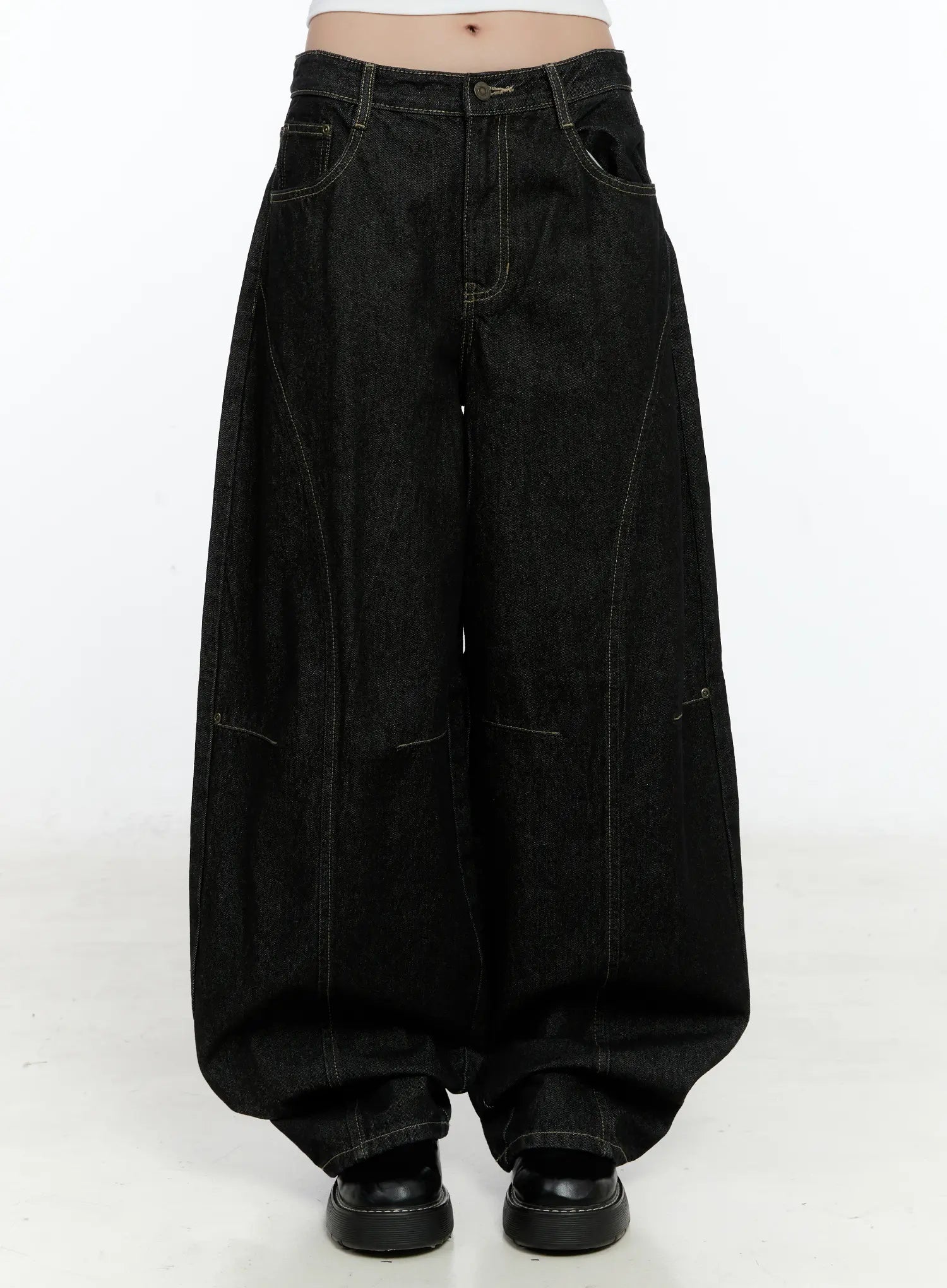 LEWKIN Maryam Low-Rise Dark-Washed Jeans CN517 in black, front product shot on model, ultra-wide leg cotton denim with contrast stitching, low-rise waist, paired with black loafers.