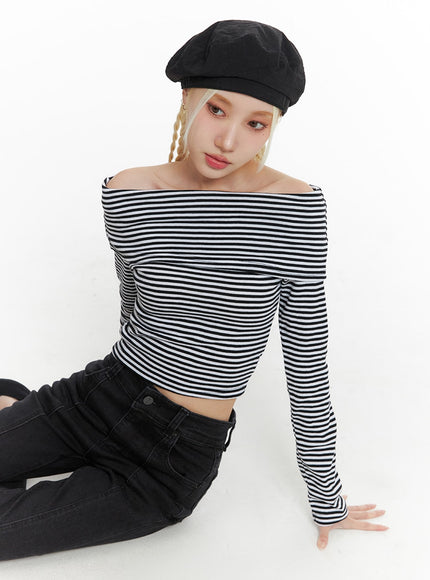 striped-off-shoulder-top-if408 / Black