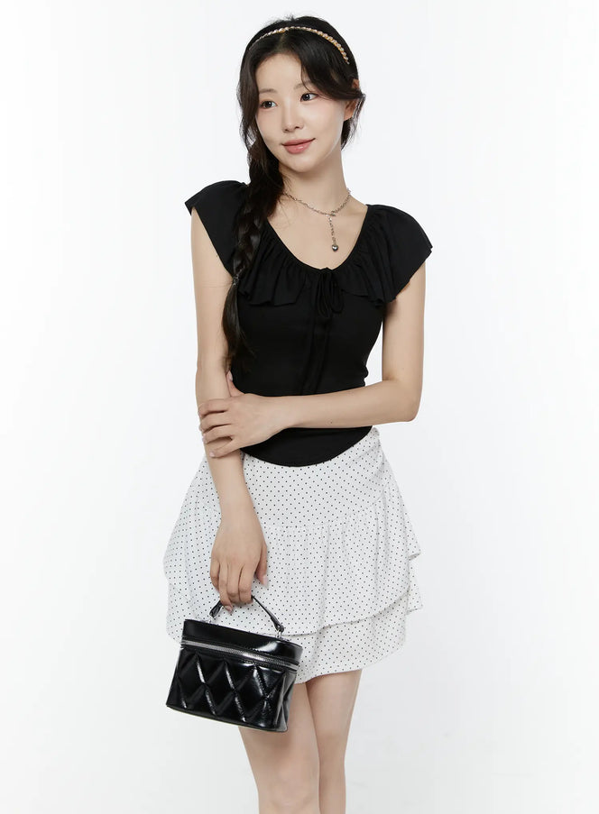 frill-ribbon-v-neck-off-shoulder-top-iy507 / Black