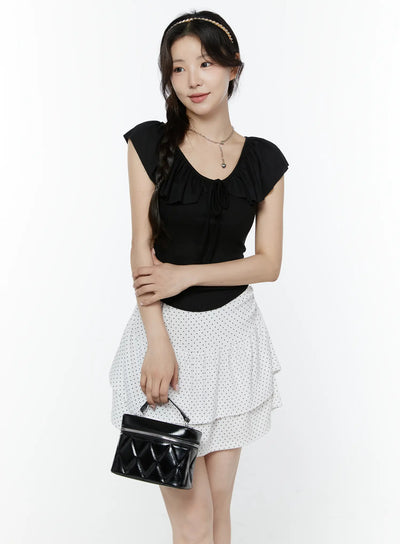 frill-ribbon-v-neck-off-shoulder-top-iy507 / Black