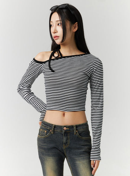 asymmetrical-stripe-crop-top-cn328 / Black