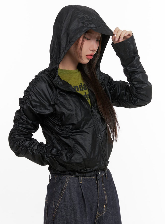 shirred-hooded-nylon-crop-jacket-co402 / Black