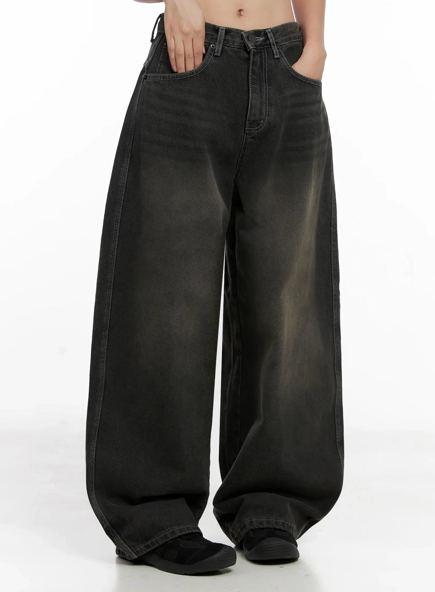 LEWKIN Hari Dark Washed Baggy Jeans IG527 in dark grey, front product shot on model, wide-leg cotton denim with faded wash, high waist, side pockets, floor-length hem pooling at feet.