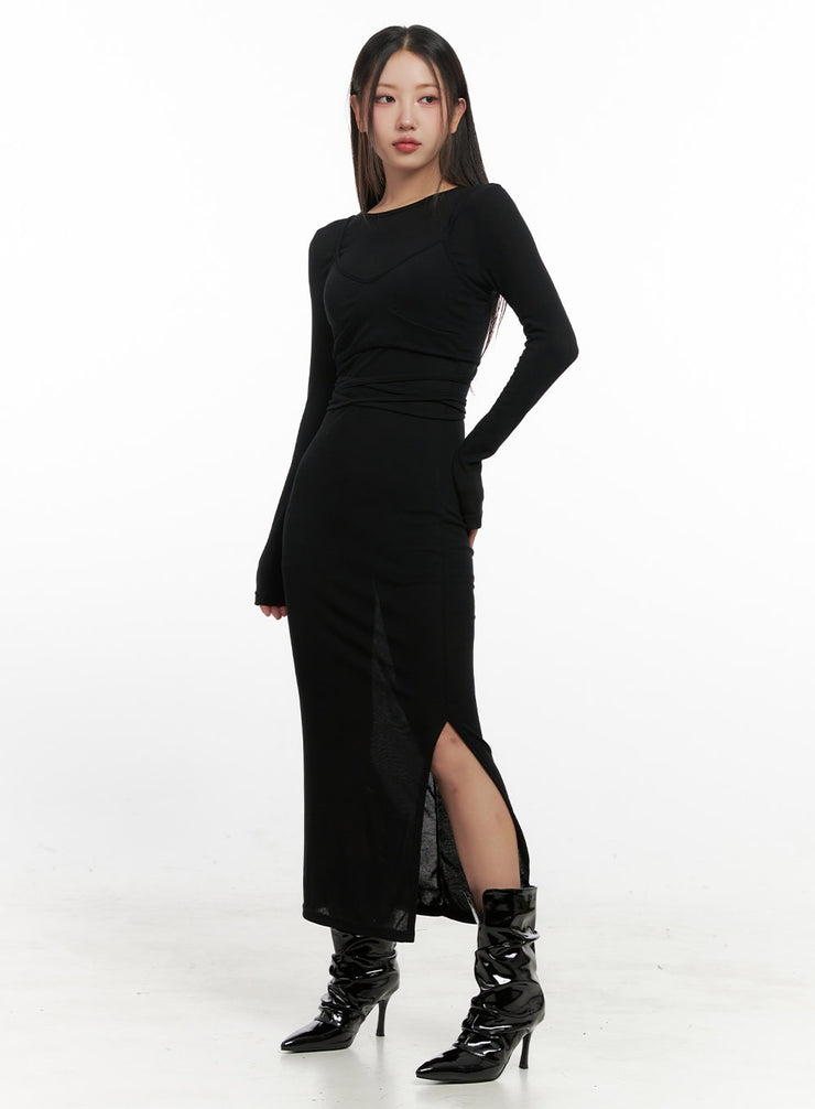 elegant-round-neck-long-sleeve-maxi-dress-cn419 / Black