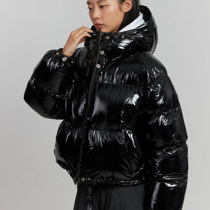 glossy-hooded-puffer-jacket-ij502 / Black