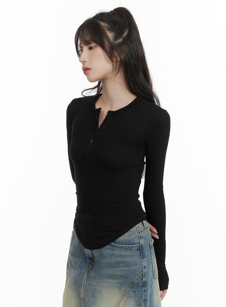 slim-fit-buttoned-long-sleeve-top-ca403 / Black