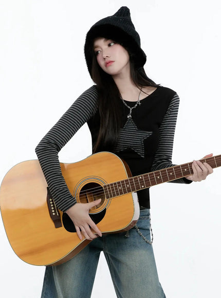 striped-embroidery-long-sleeve-tee-io520 / Black