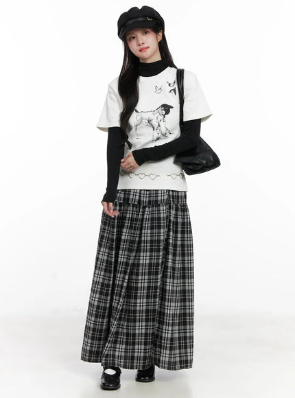 plaid-frill-maxi-skirt-cn527 / Black