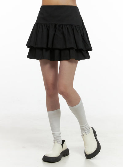 ruffle-waist-cotton-mini-skirt-os416 / Black