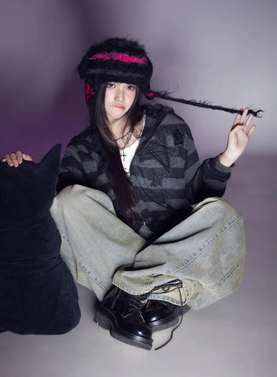 star-patch-striped-zip-up-is525 / Black