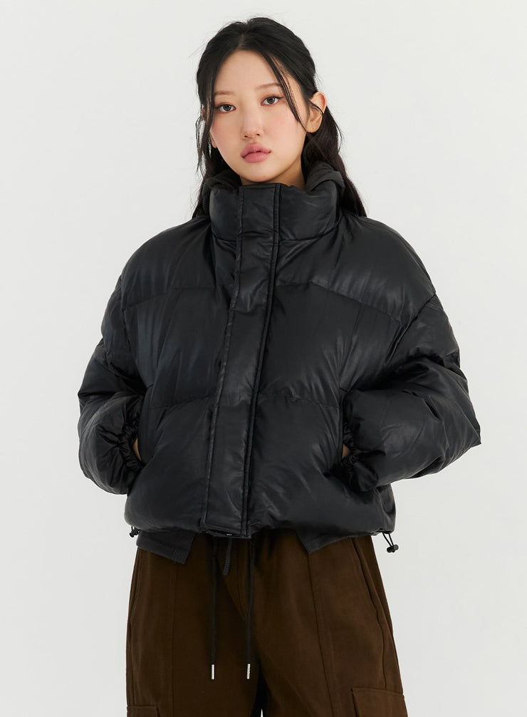 half-neck-faux-leather-puffer-cn303 / Black