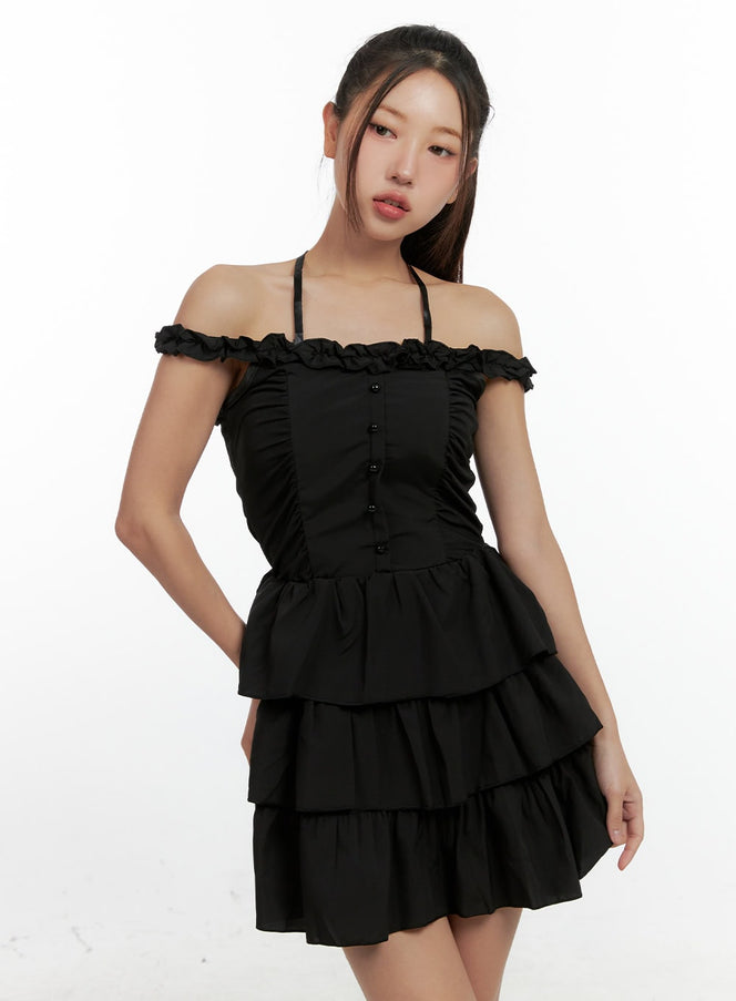 ruffle-buttoned-halterneck-mini-dress-cn416 / Black