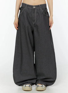 casual-baggy-stripe-pants-iu518 / Black