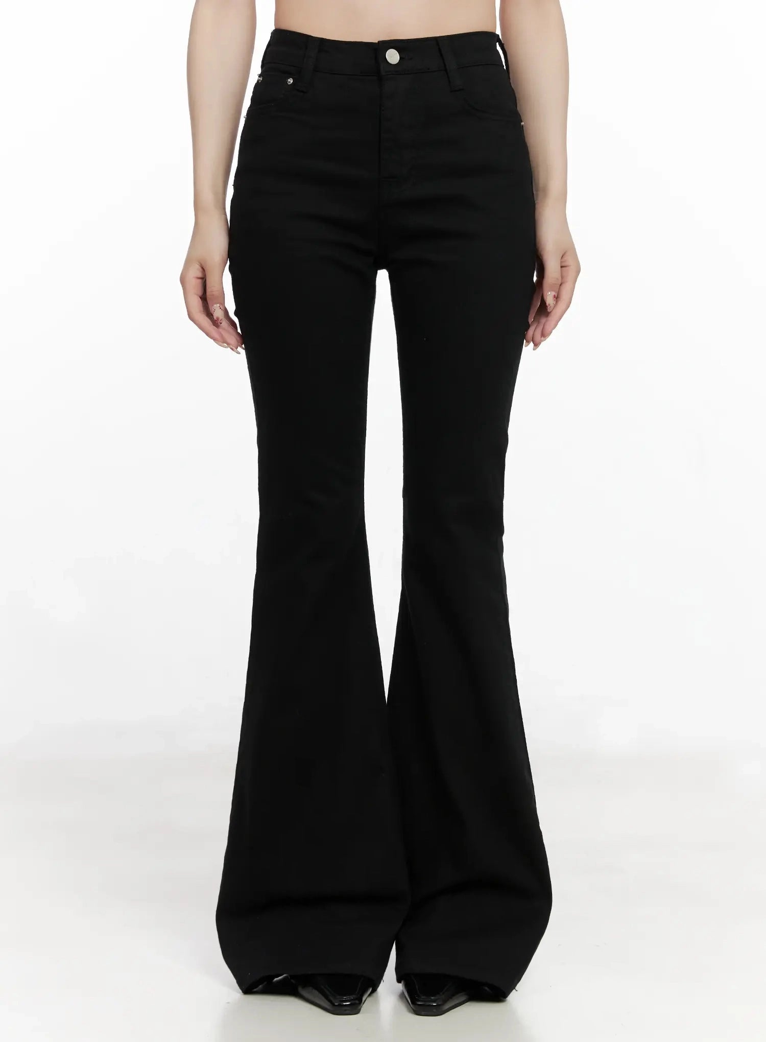 LEWKIN Dream Chic Black Flare Jeans IN514 in black, front full-length on model, high-waist flare silhouette with silver button, cotton-spandex blend, long length, size L.