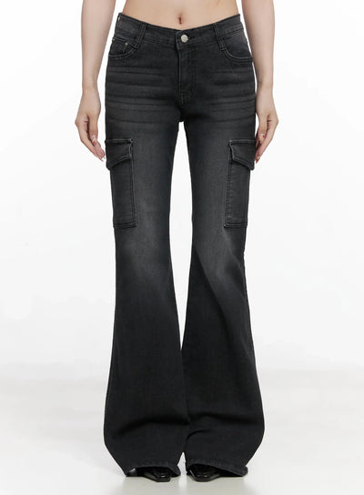 seowon-black-cargo-low-rise-bootcut-jeans-in514 / Black
