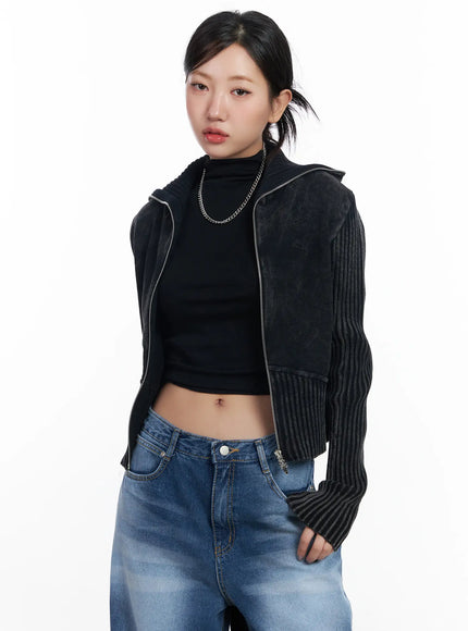 ribbed-high-neck-zip-up-cardigan-cj530 / Black