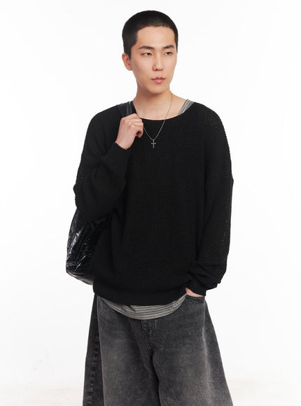 mens-cozy-waffle-knit-sweater-iy505 / Black