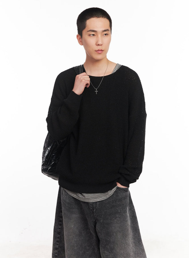 mens-cozy-waffle-knit-sweater-iy505 / Black