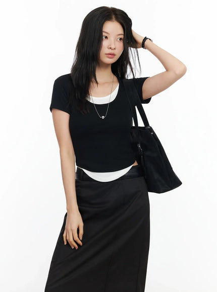 u-neck-layered-short-sleeve-top-im524 / Black