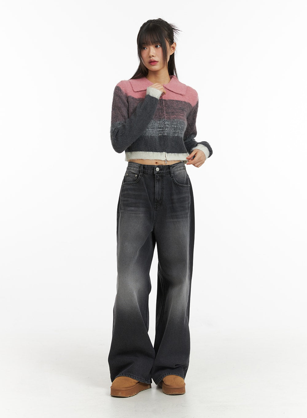 Denim Mid-Waist Pocket Wide Leg Jeans CJ415 in Black, size L
