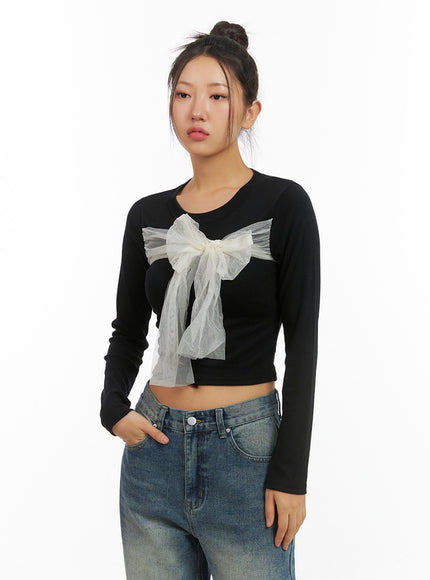 ribbon-tied-long-sleeve-top-is402 / Black