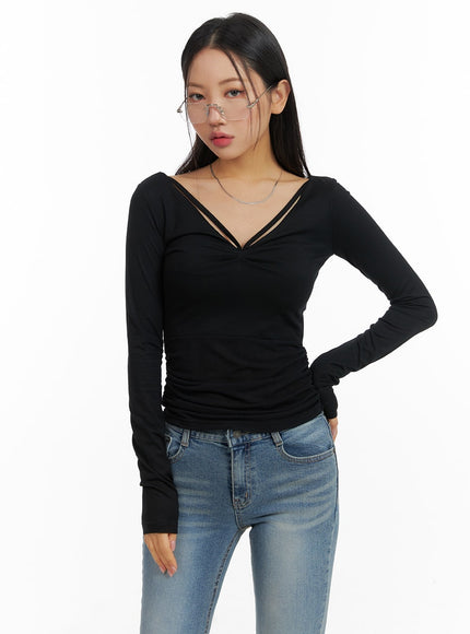 slim-fit-shirred-v-neck-long-sleeve-cm411 / Black