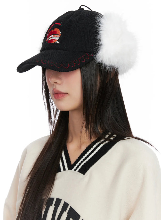 corduroy-fuzzy-earflap-baseball-cap-cn521 / Black