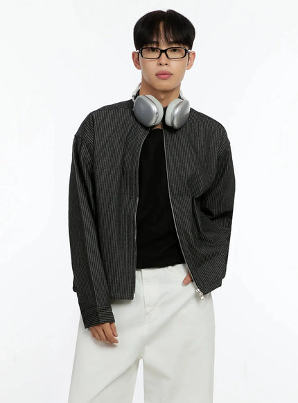 mens-striped-denim-band-collar-jacket-in525 / Black