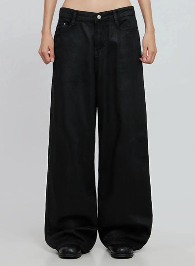 wide-leg-faux-leather-pants-io530 / Black