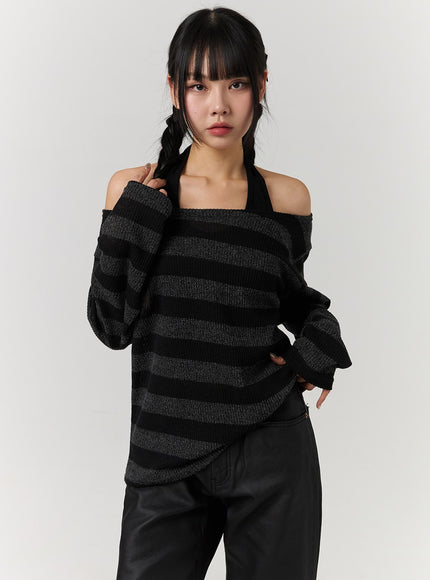 off-shoulder-stripe-long-sleeve-top-cj405 / Black