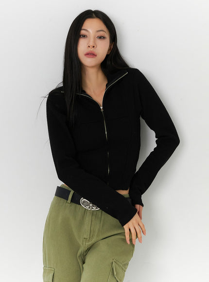 slim-fit-zip-up-knit-top-id306 / Black