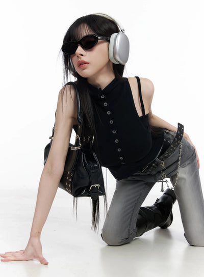 button-up-tank-and-cardigan-duo-iy511 / Black