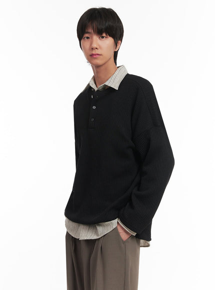 mens-ribbed-buttoned-long-sleeve-shirt-ia510 / Black