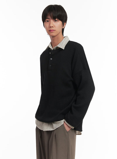 mens-ribbed-buttoned-long-sleeve-shirt-ia510 / Black