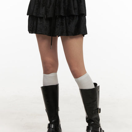velvet-ruffle-mini-skirt-cj508 / Black