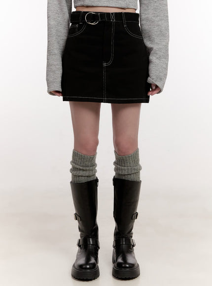 buckle-stitched-denim-mini-skirt-cj529 / Black